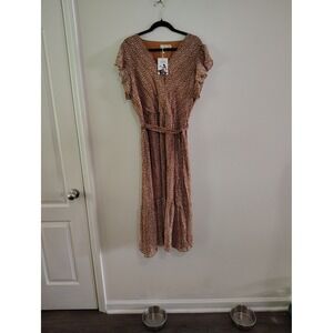 Genhoo Womens XXL Rust Orange Animal Print V-Neck Flutter Sleeve Midi Dress NWT